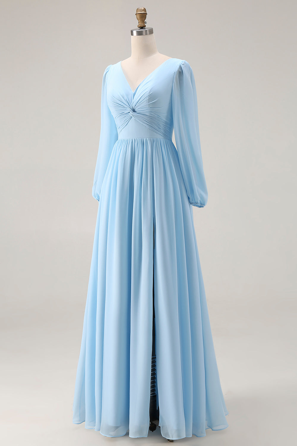 Robe De Soirée Bleu Ciel Froncée Évasée Col V Manches Longues Fendue