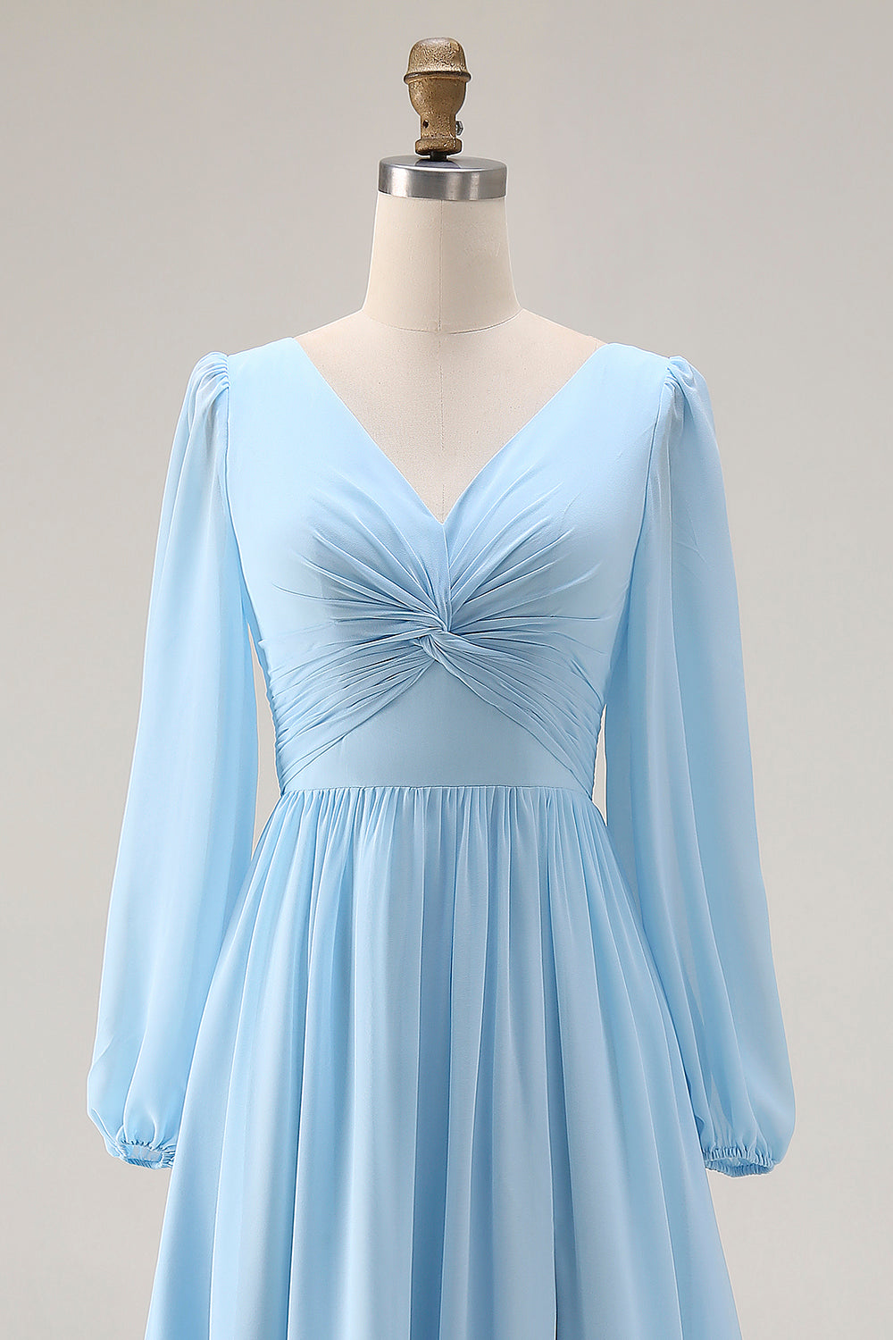 Robe De Soirée Bleu Ciel Froncée Évasée Col V Manches Longues Fendue