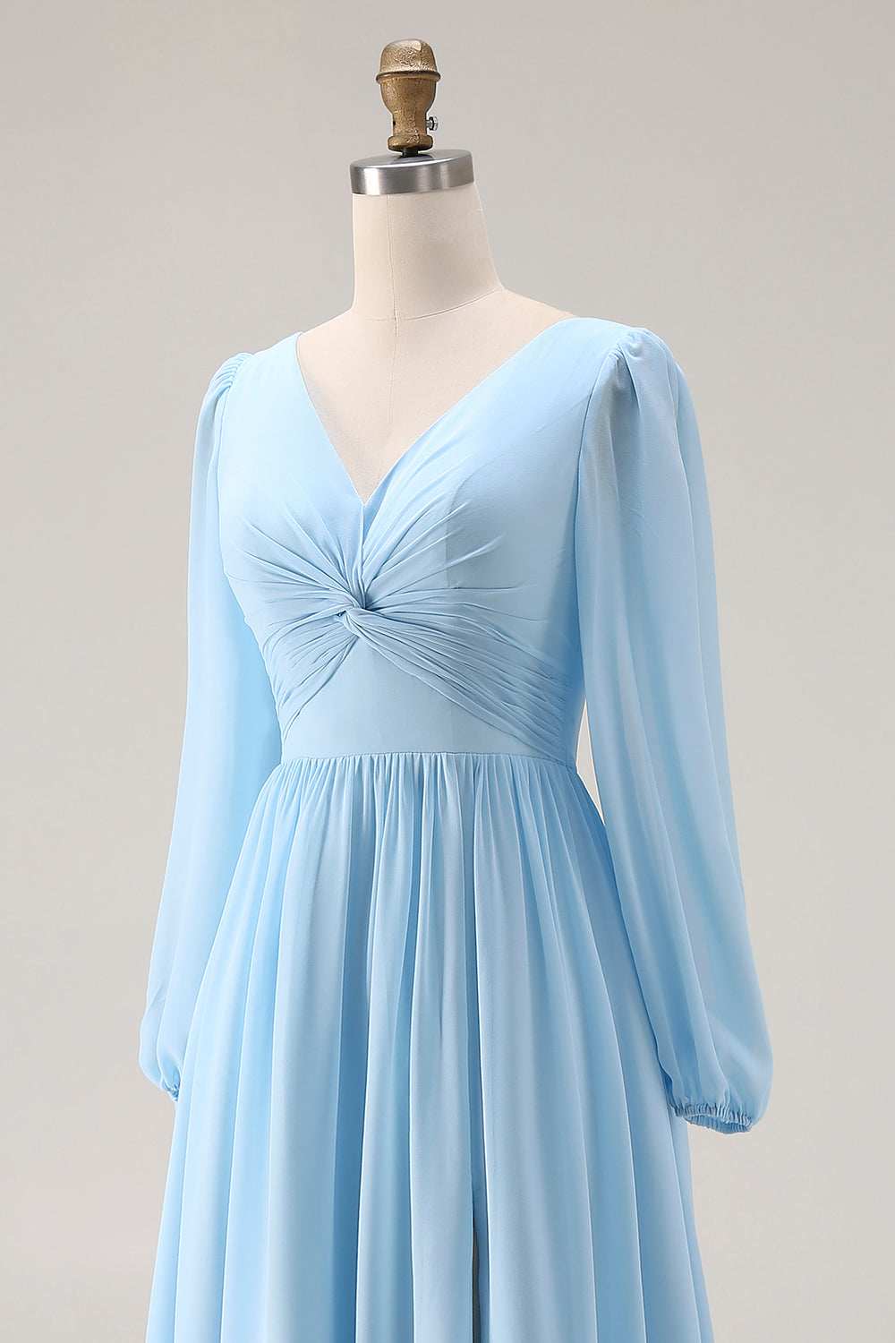 Robe De Soirée Bleu Ciel Froncée Évasée Col V Manches Longues Fendue