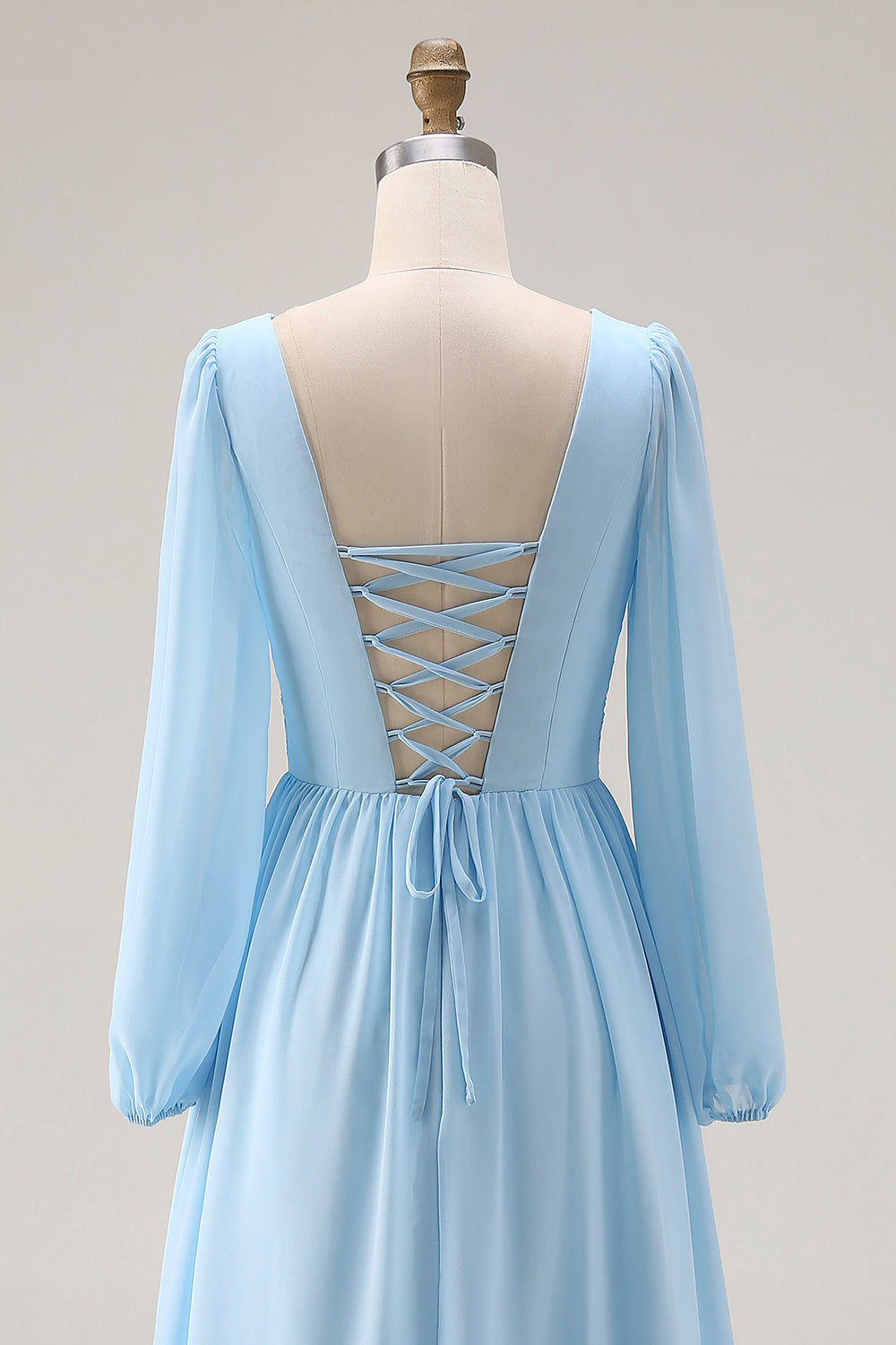 Robe De Soirée Bleu Ciel Froncée Évasée Col V Manches Longues Fendue