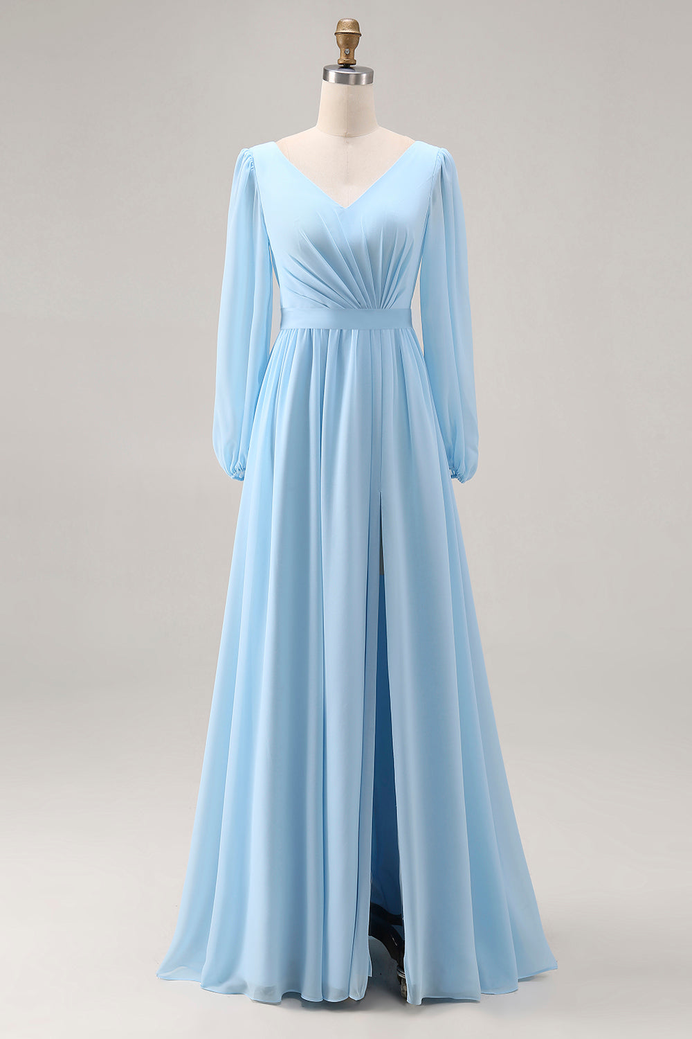Sky Blue V Neck Long Sleeves Ruched Wedding Guest Dress with Slit