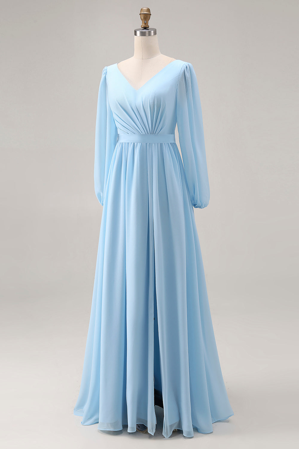 Sky Blue V Neck Long Sleeves Ruched Wedding Guest Dress with Slit