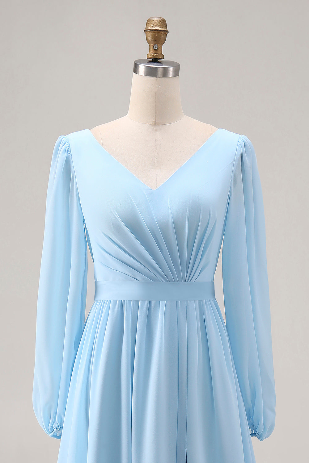 Sky Blue V Neck Long Sleeves Ruched Wedding Guest Dress with Slit