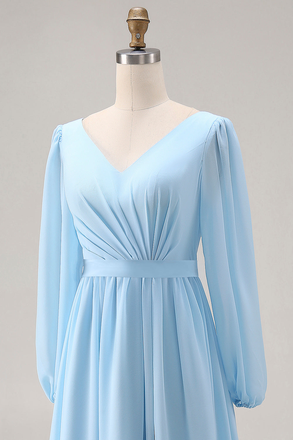 Sky Blue V Neck Long Sleeves Ruched Wedding Guest Dress with Slit