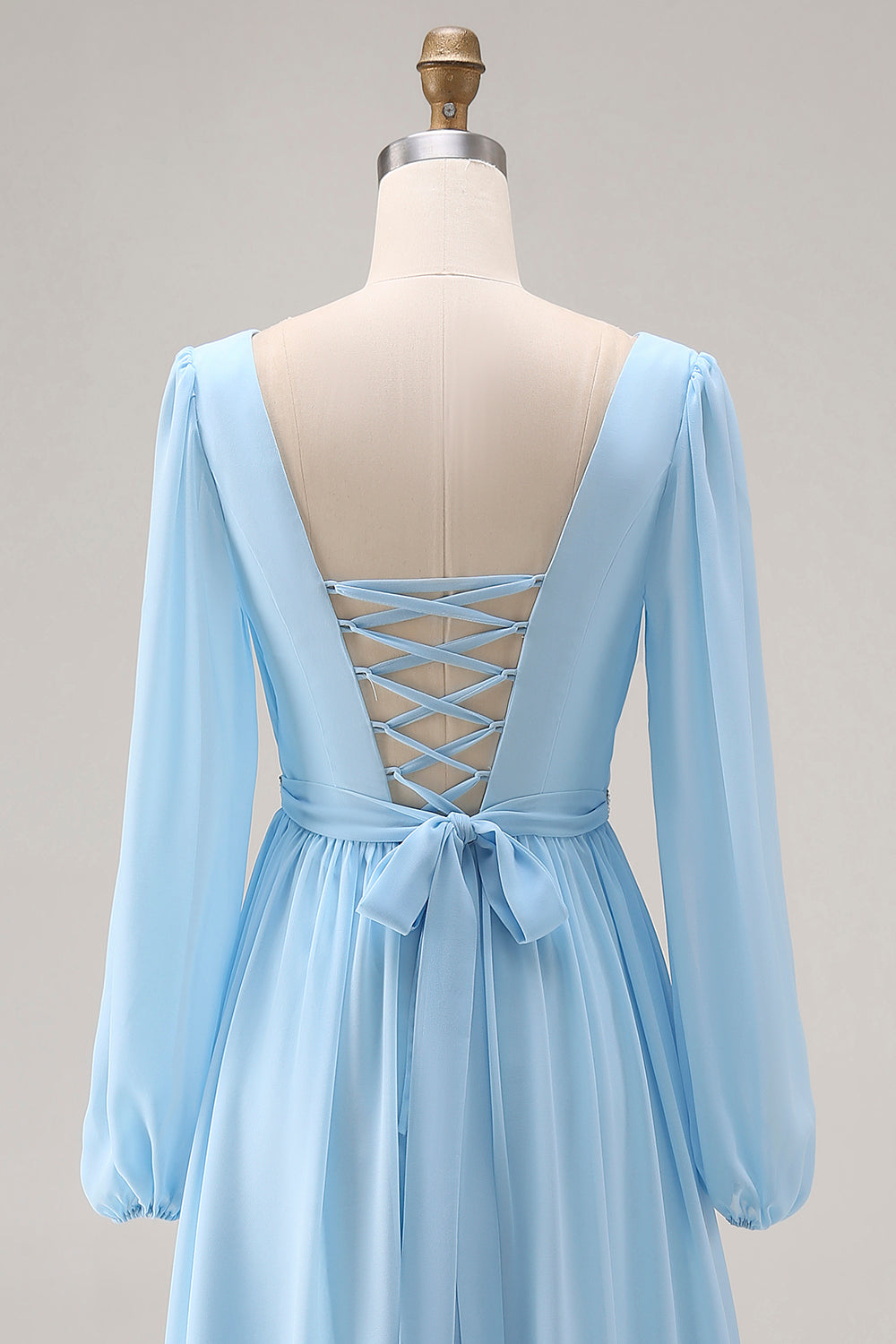 Sky Blue V Neck Long Sleeves Ruched Wedding Guest Dress with Slit