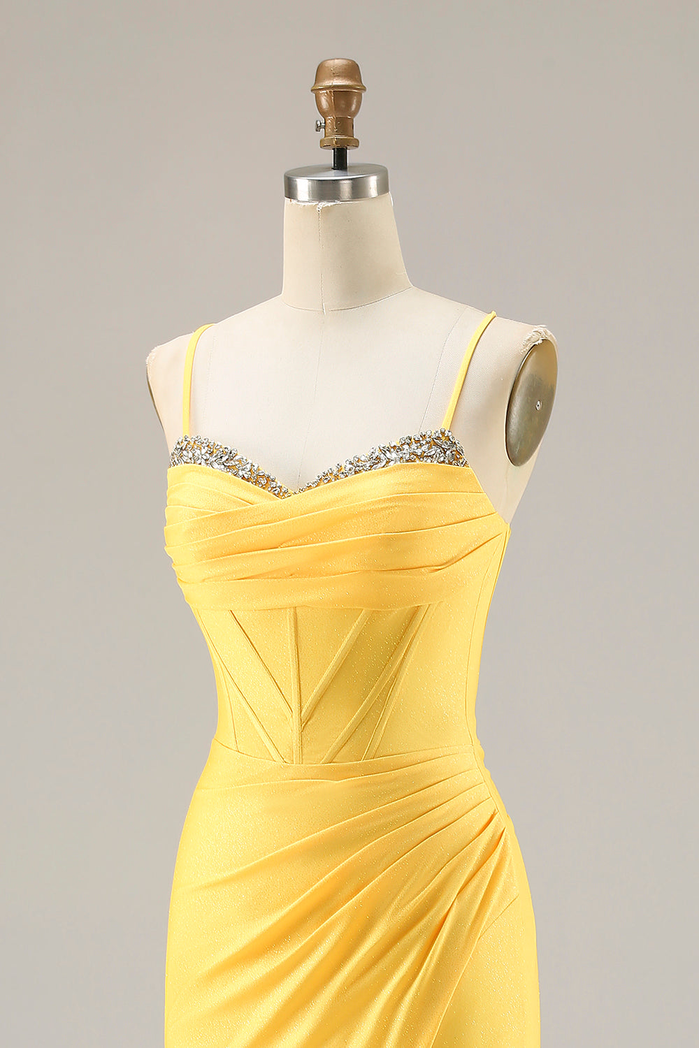 Glitter Yellow Mermaid Beaded Corset Lace Up Back Long Prom Dress with Slit