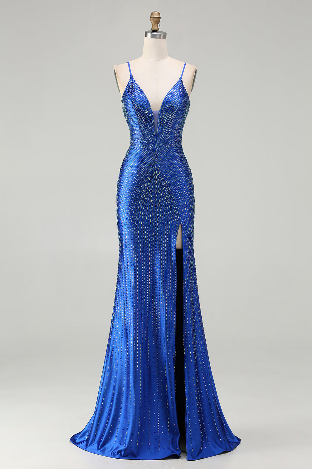 Robe de bal longue en satin bleu roi style sirène perlée avec fente