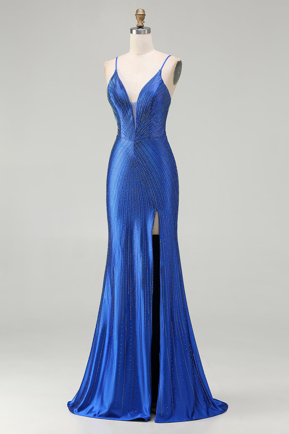 Robe de bal longue en satin bleu roi style sirène perlée avec fente