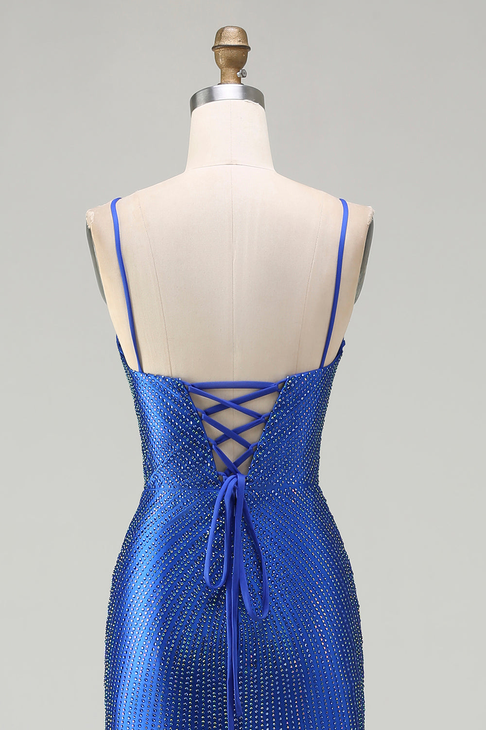 Robe de bal longue en satin bleu roi style sirène perlée avec fente