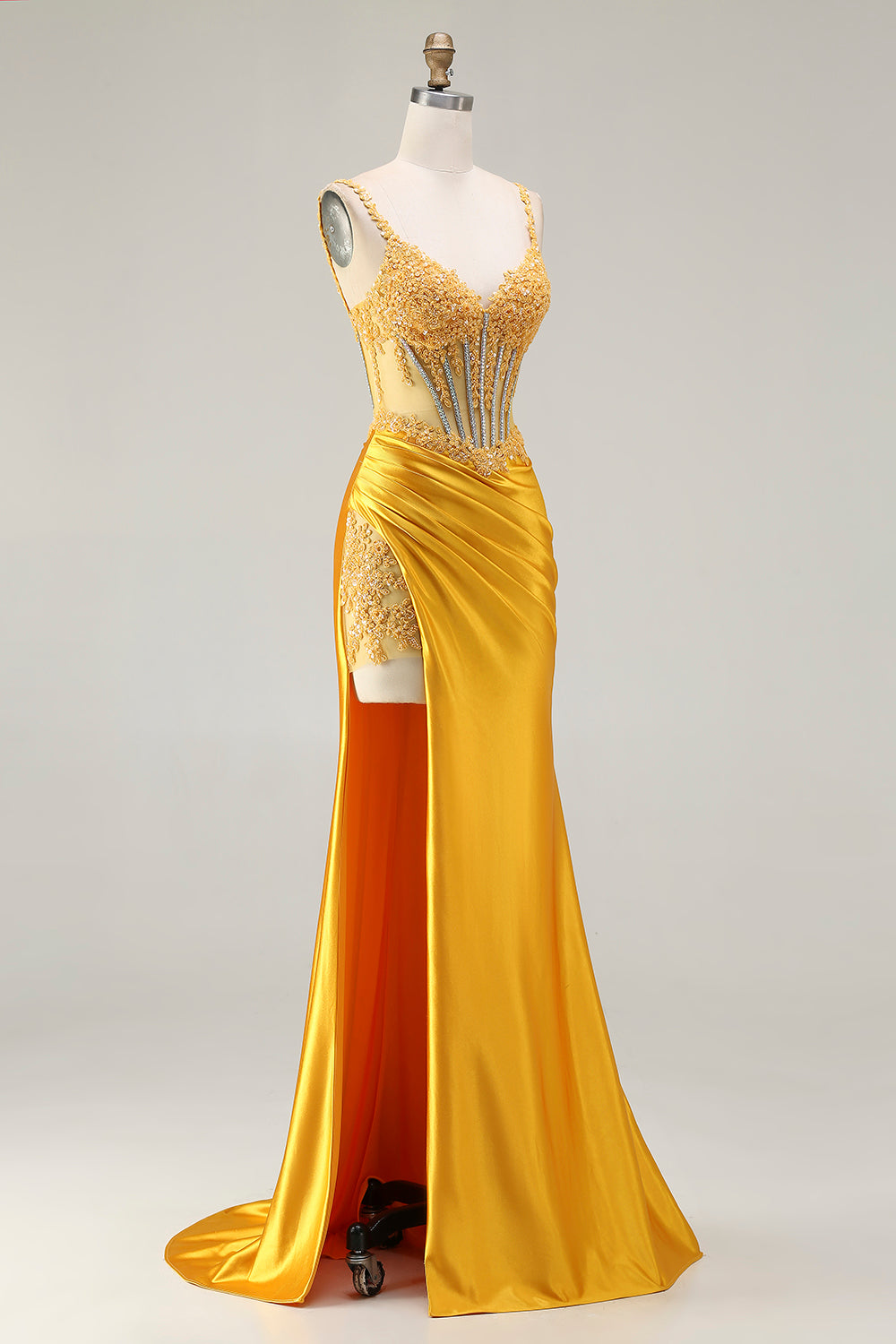 Sparkly Yellow Mermaid Sequin Corset Rhinestones Long Prom Dress with Slit
