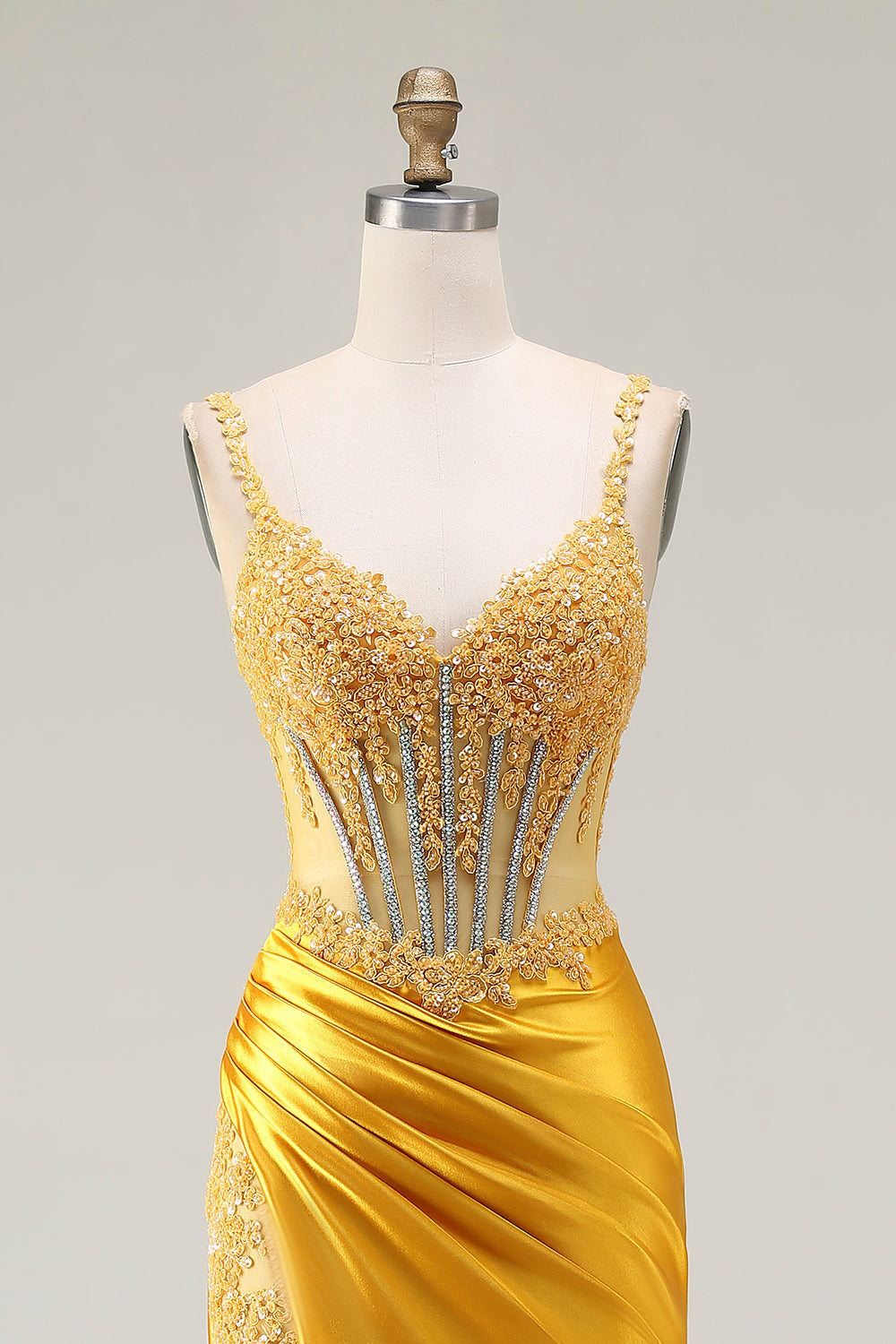 Sparkly Yellow Mermaid Sequin Corset Rhinestones Long Prom Dress with Slit