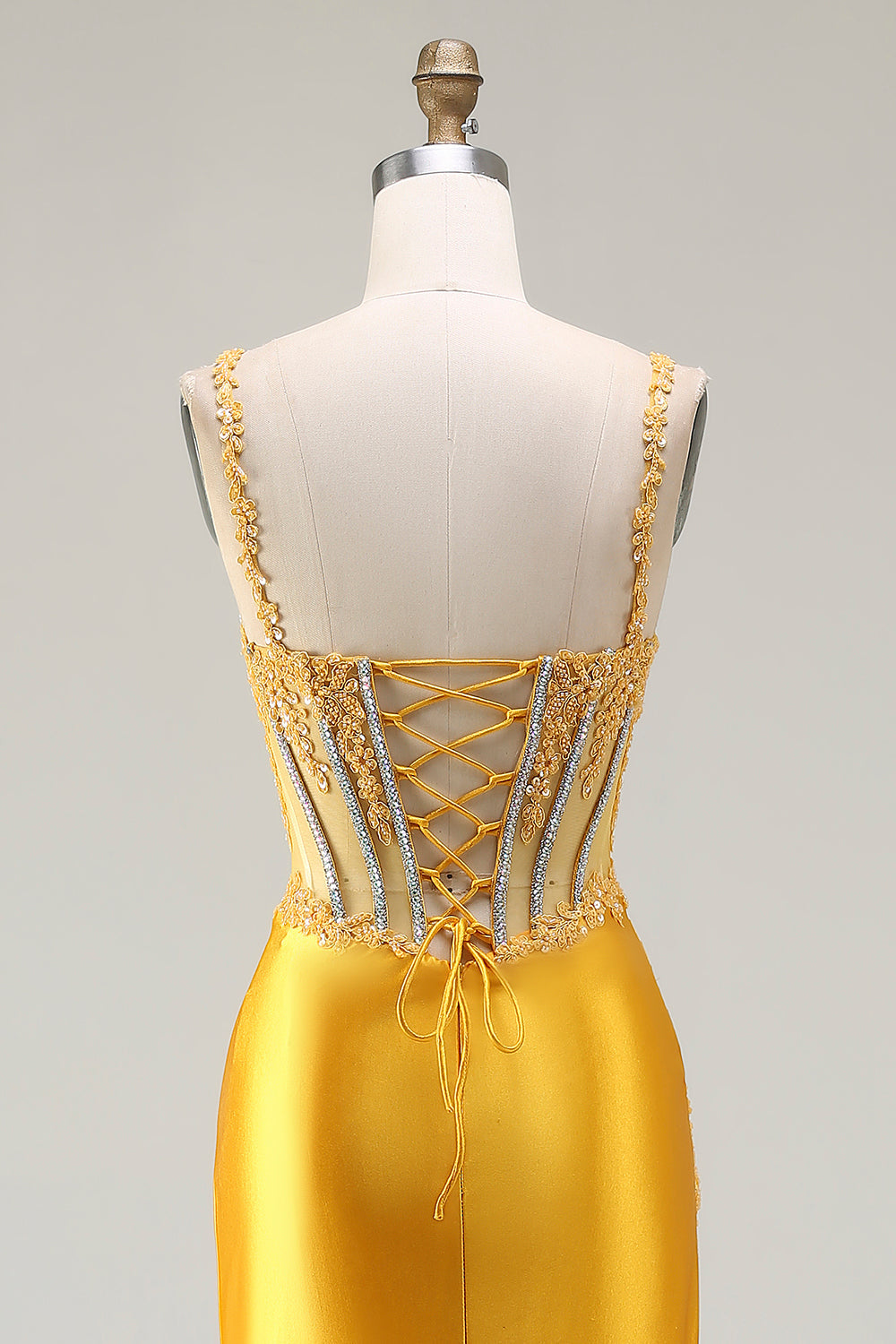 Sparkly Yellow Mermaid Sequin Corset Rhinestones Long Prom Dress with Slit