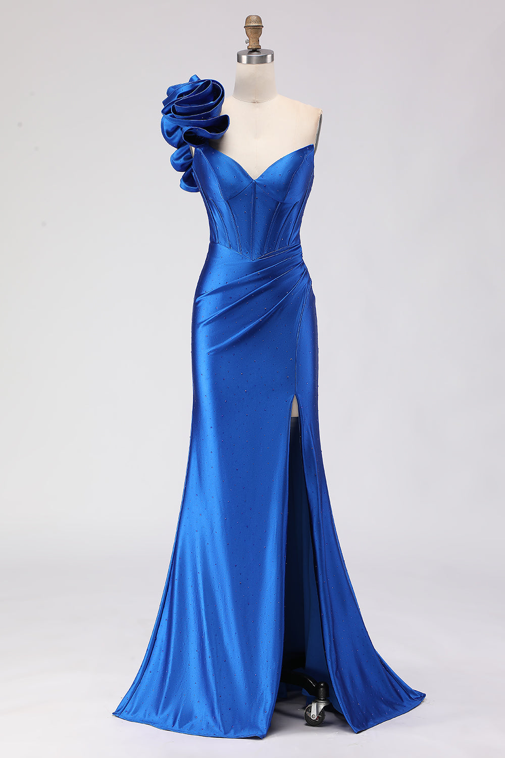 Royal Blue One Shoulder Beaded Mermaid Corset Long Prom Dress with Slit