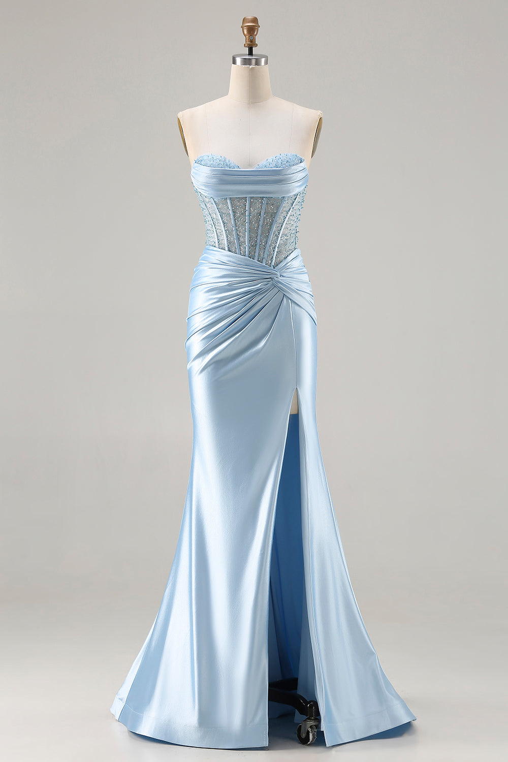 Robe de bal longue bustier sirène bleu ciel avec corset perlé et fente