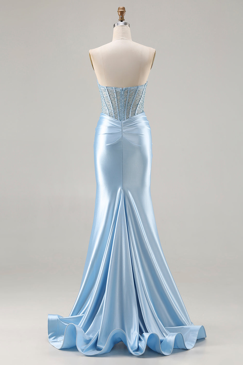 Robe de bal longue bustier sirène bleu ciel avec corset perlé et fente