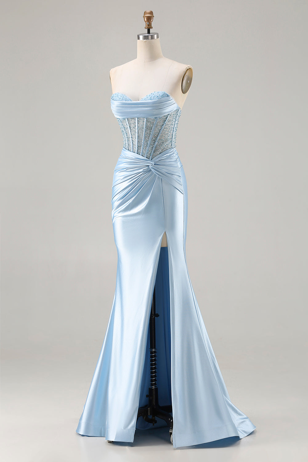 Robe de bal longue bustier sirène bleu ciel avec corset perlé et fente