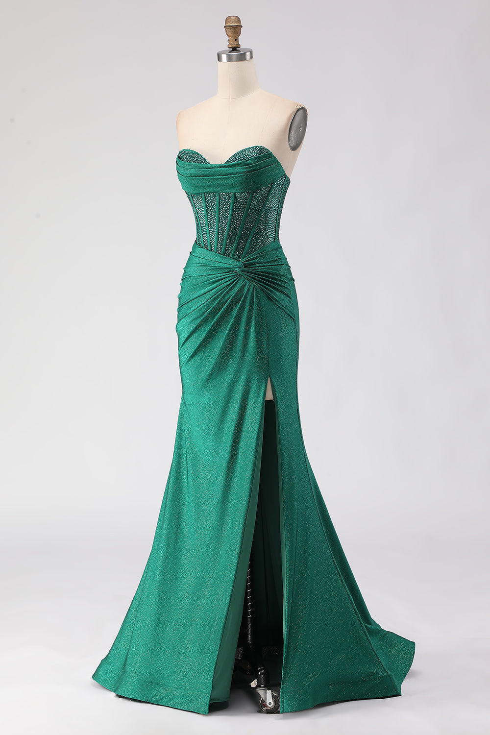 Robe de bal longue sirène à corset perlé, col en cœur, fendue, vert foncé scintillant