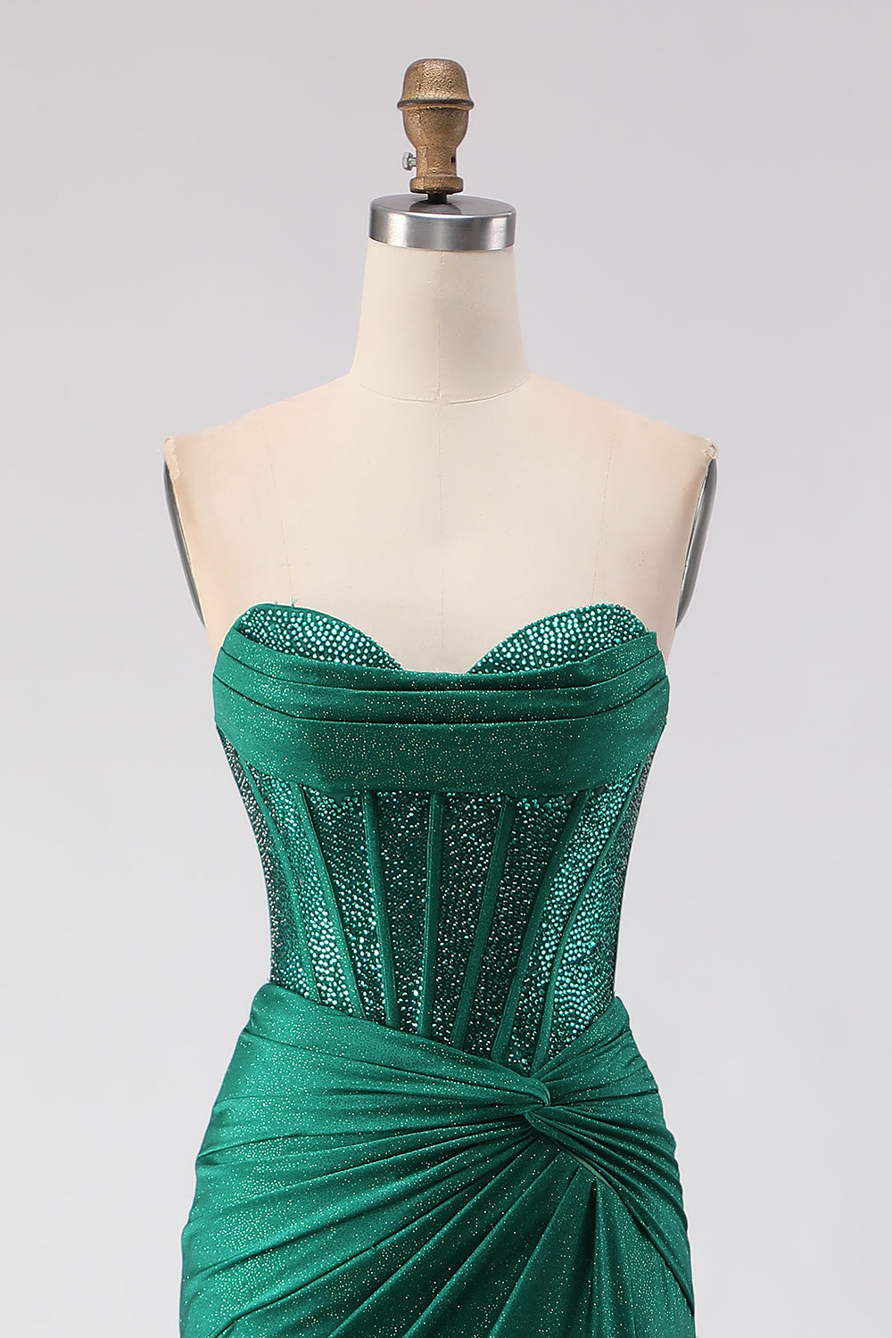 Robe de bal longue sirène à corset perlé, col en cœur, fendue, vert foncé scintillant