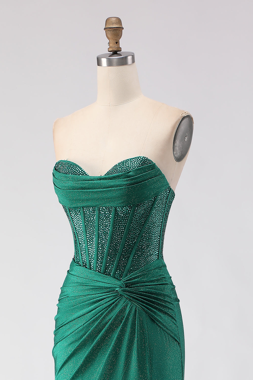 Robe de bal longue sirène à corset perlé, col en cœur, fendue, vert foncé scintillant
