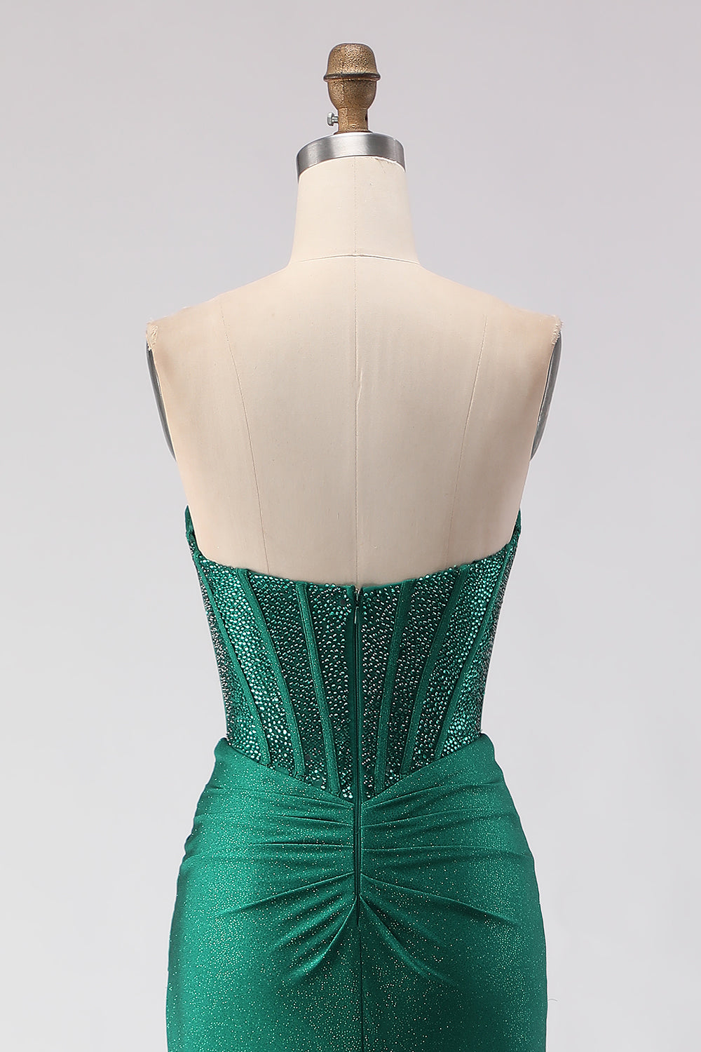 Robe de bal longue sirène à corset perlé, col en cœur, fendue, vert foncé scintillant