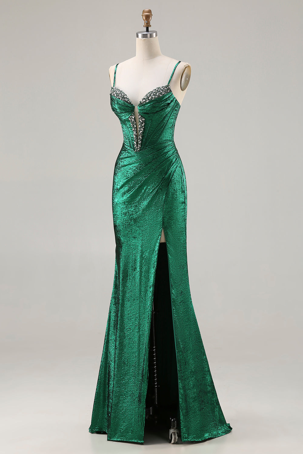 Metallic Dark Green Beaded Corset Mermaid Long Prom Dress with Slit