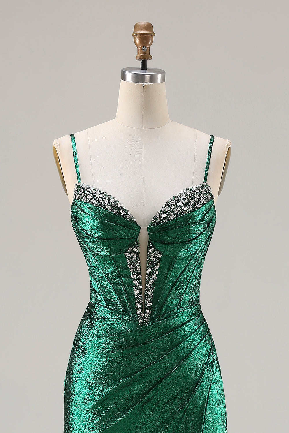 Metallic Dark Green Beaded Corset Mermaid Long Prom Dress with Slit