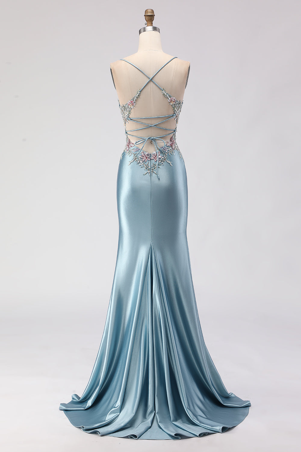 Grey Blue Mermaid Corset Beaded Lace Up Back Long Prom Dress with Slit