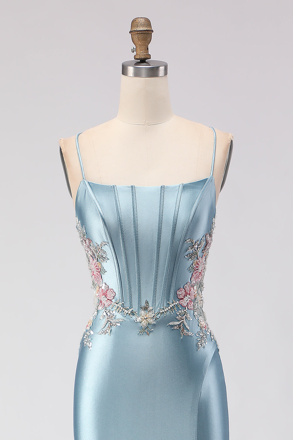 Grey Blue Mermaid Corset Beaded Lace Up Back Long Prom Dress with Slit