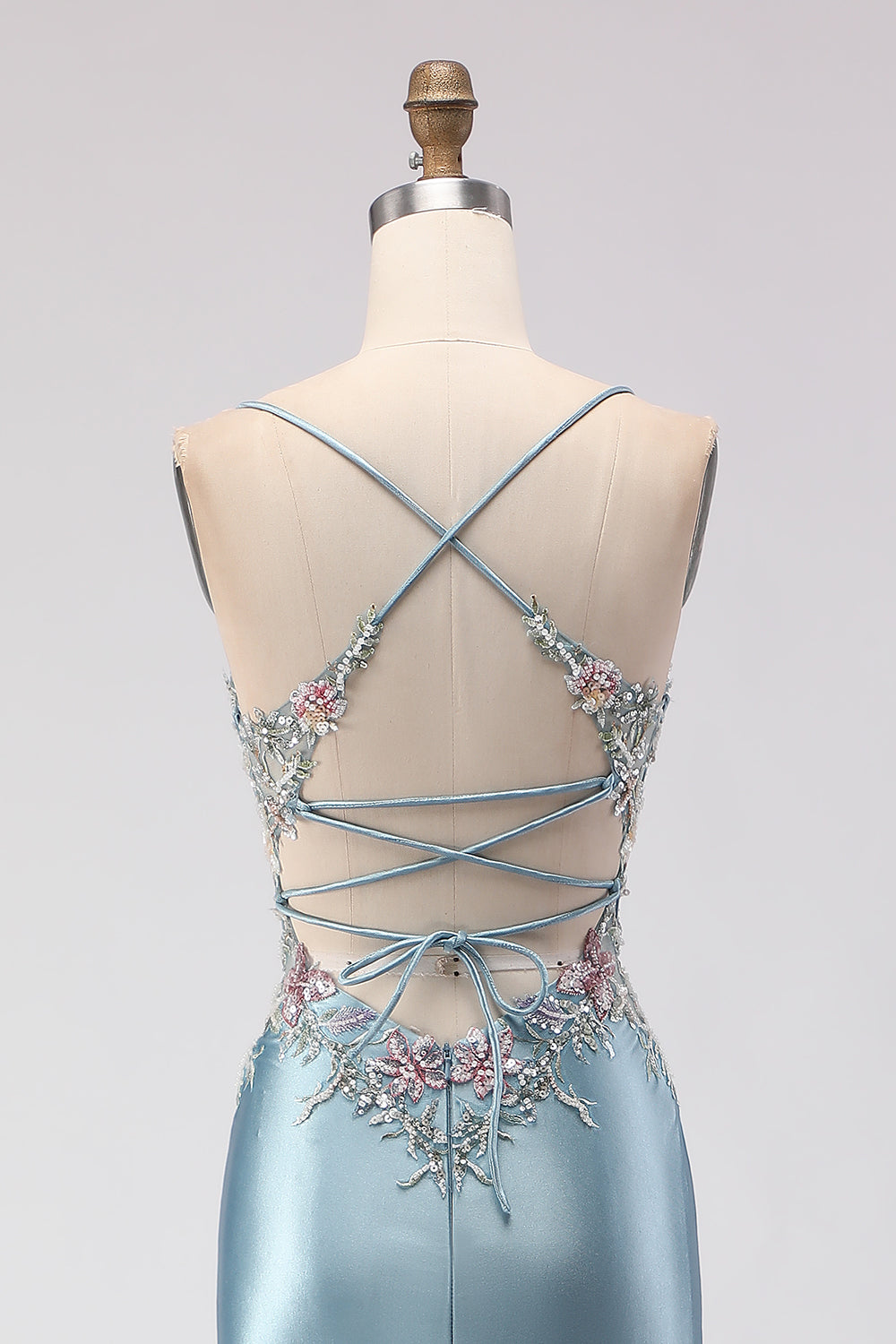 Grey Blue Mermaid Corset Beaded Lace Up Back Long Prom Dress with Slit