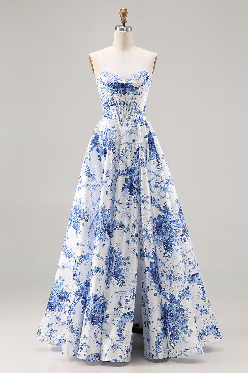Blue Floral Strapless A-Line Corset Lace Up Back Long Prom Dress with Slit