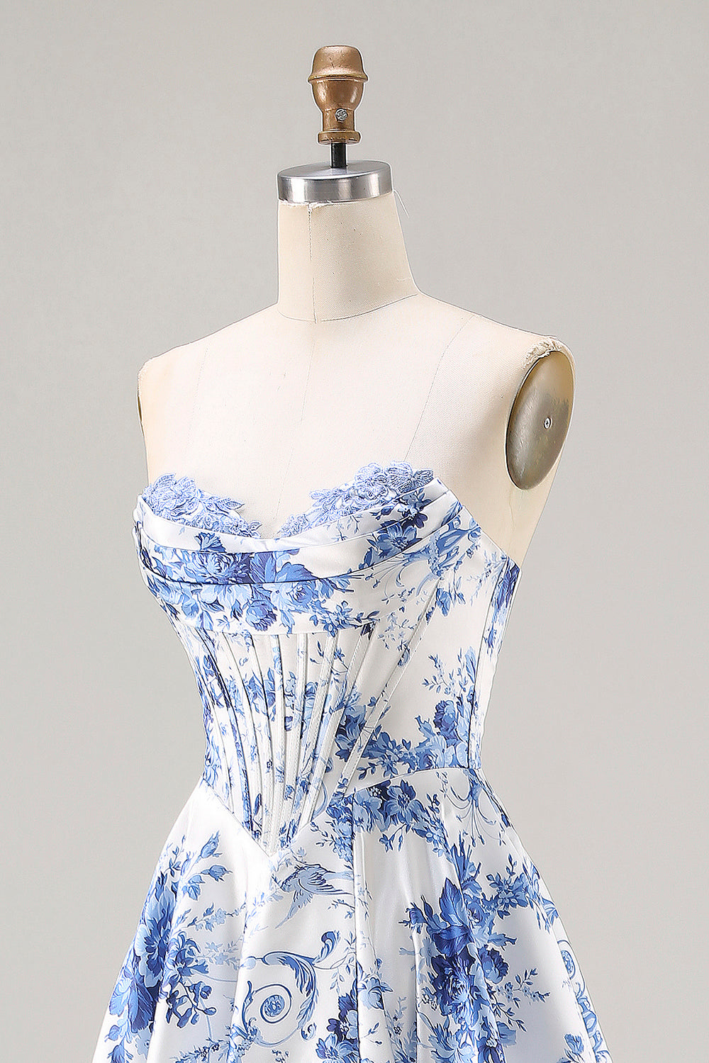 Blue Floral Strapless A-Line Corset Lace Up Back Long Prom Dress with Slit