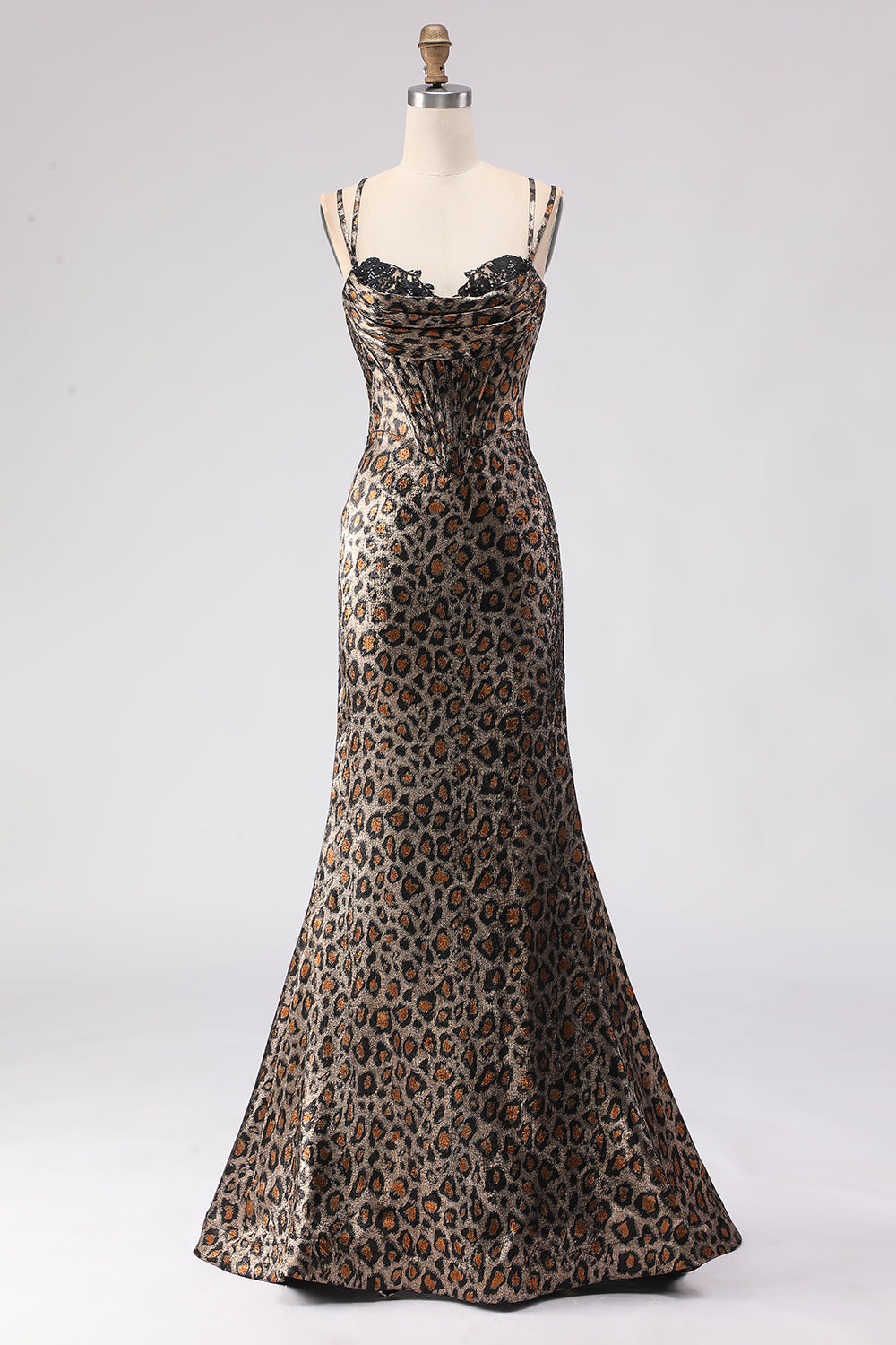 Khaki Leopard Mermaid Corset Long Prom Dress with Lace-Up Back