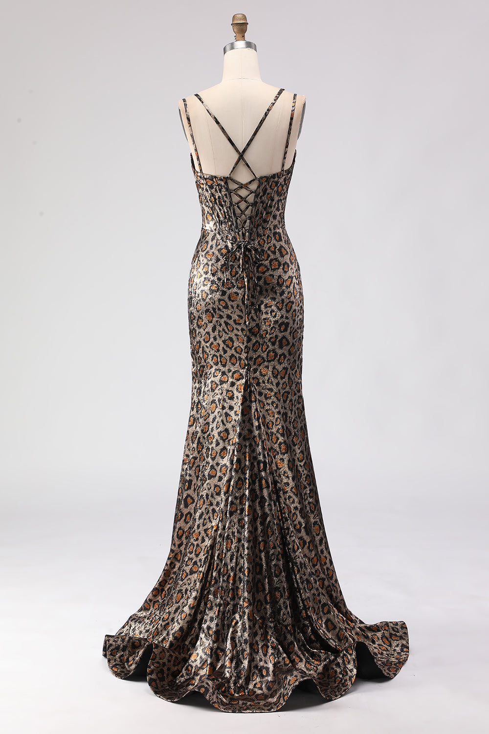 Khaki Leopard Mermaid Corset Long Prom Dress with Lace-Up Back