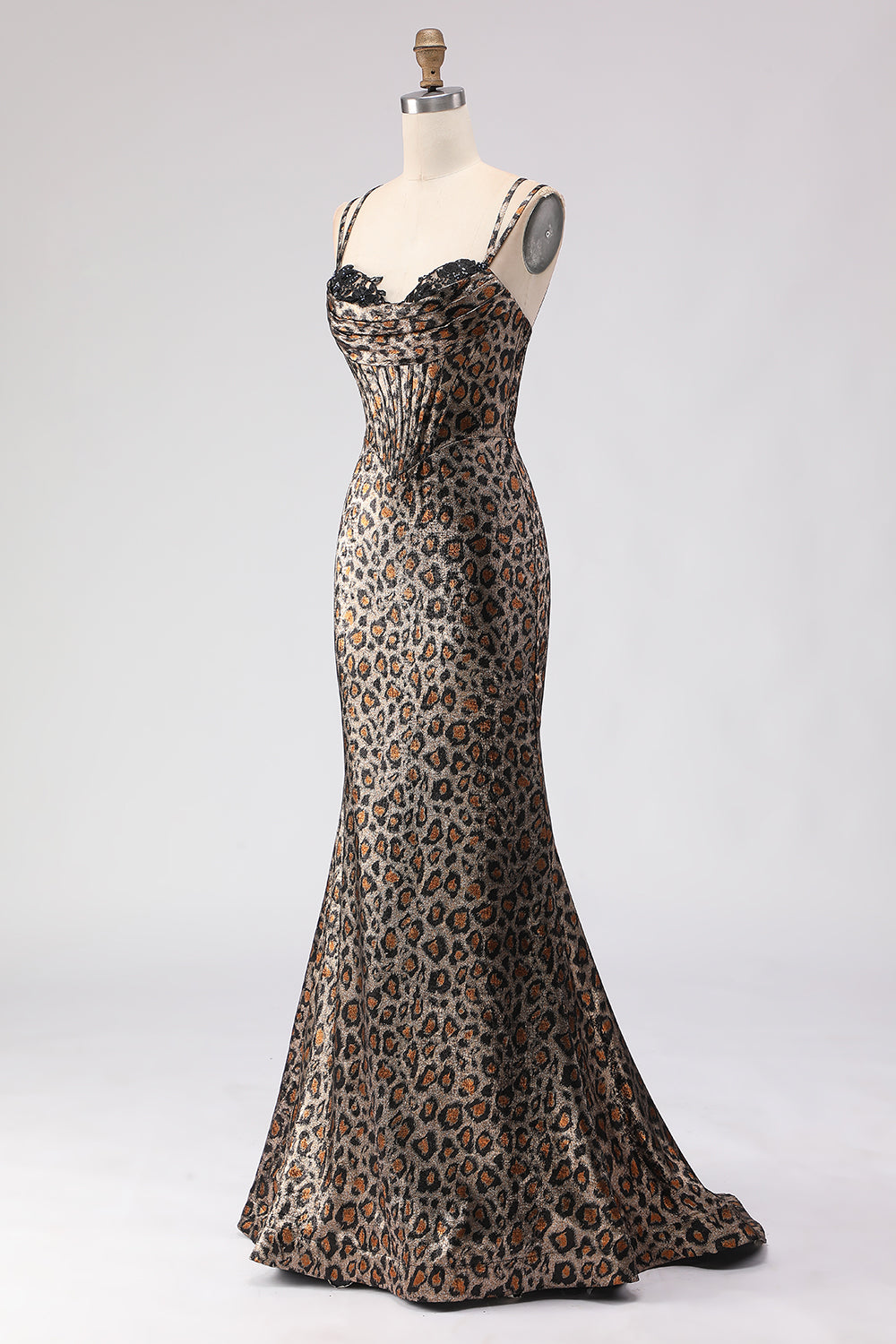 Khaki Leopard Mermaid Corset Long Prom Dress with Lace-Up Back