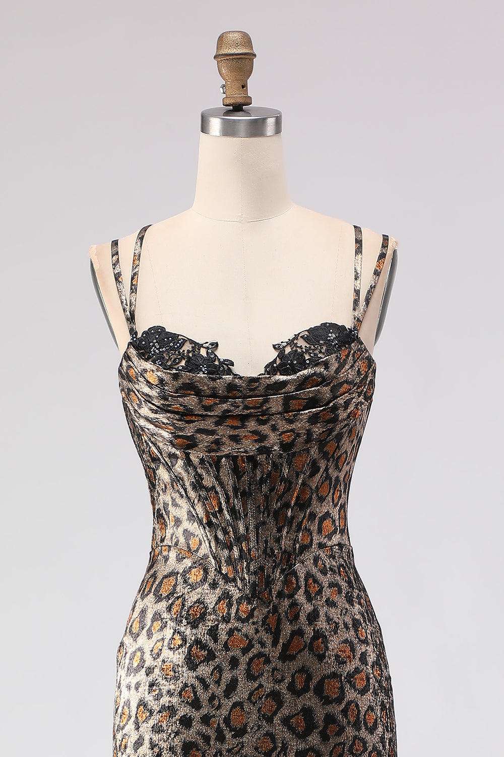 Khaki Leopard Mermaid Corset Long Prom Dress with Lace-Up Back