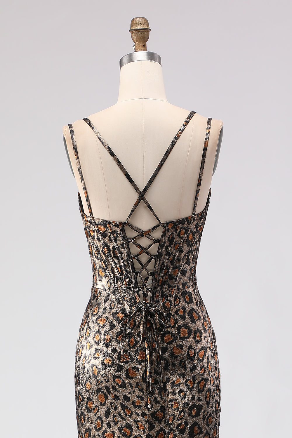 Khaki Leopard Mermaid Corset Long Prom Dress with Lace-Up Back