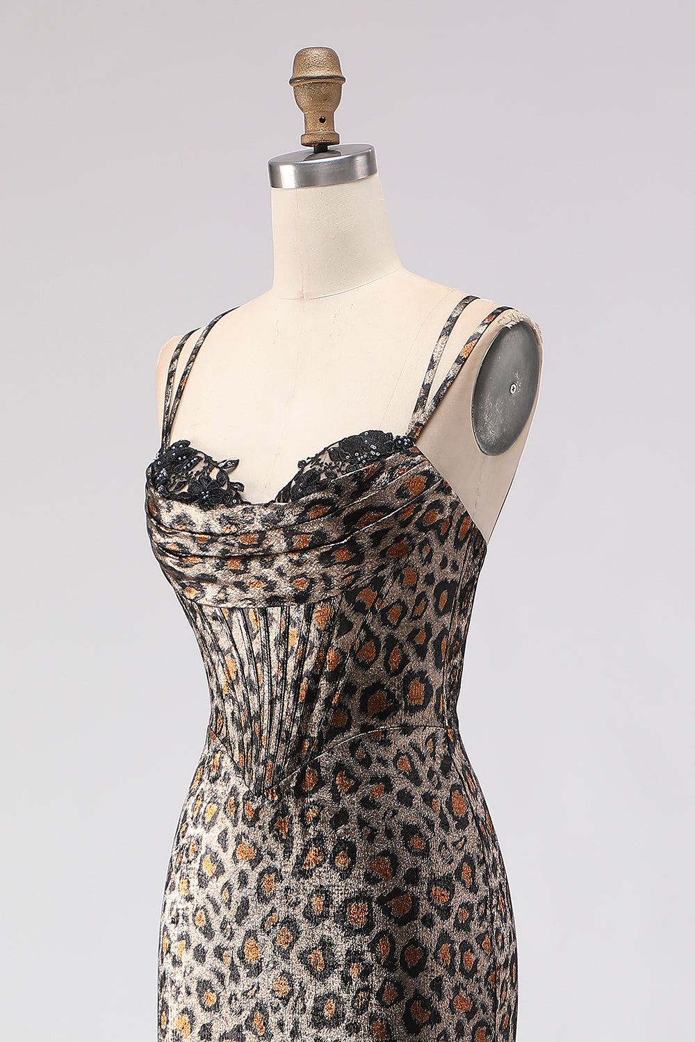 Khaki Leopard Mermaid Corset Long Prom Dress with Lace-Up Back