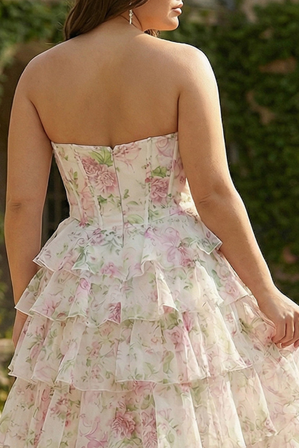 Pink Floral Sweetheart Corset A-Line Tiered Plus Size Long Prom Dress with Slit