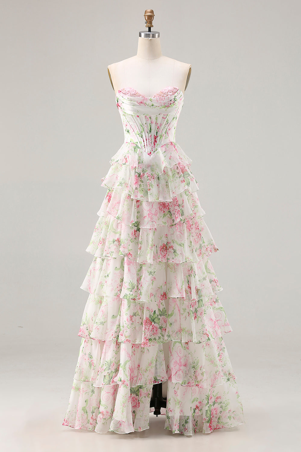 Pink Floral Sweetheart Corset A-Line Tiered Plus Size Long Prom Dress with Slit