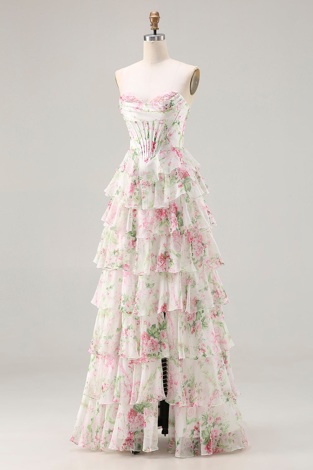 Pink Floral Sweetheart Corset A-Line Tiered Plus Size Long Prom Dress with Slit