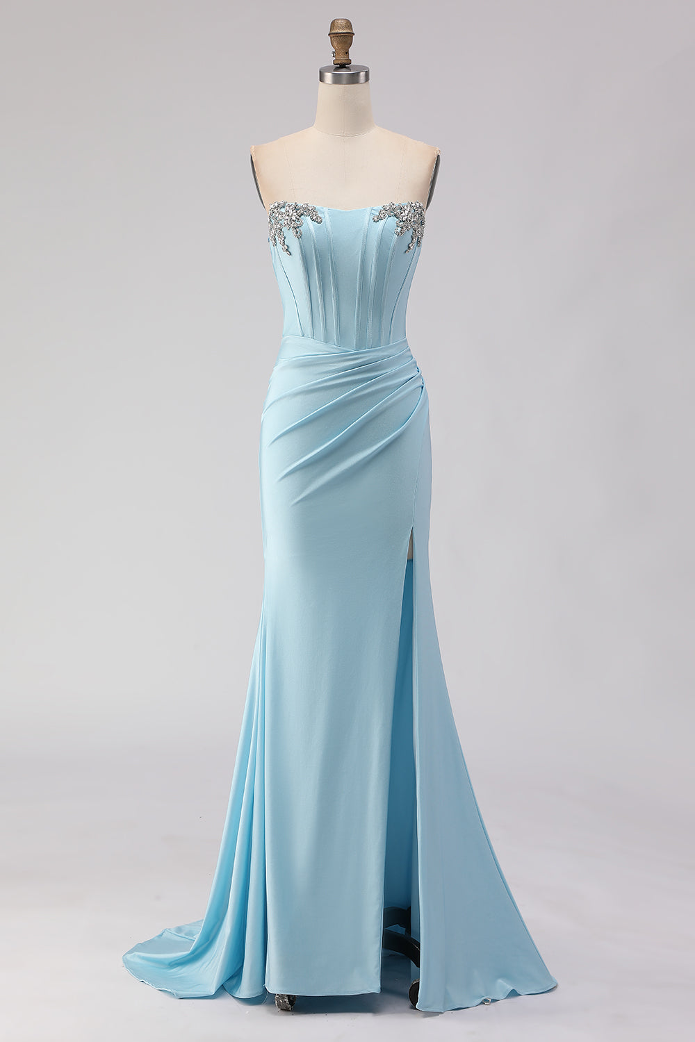 Sky Blue Strapless Beaded Mermaid Corset Long Prom Dress with Slit