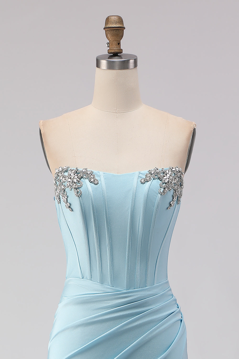 Sky Blue Strapless Beaded Mermaid Corset Long Prom Dress with Slit
