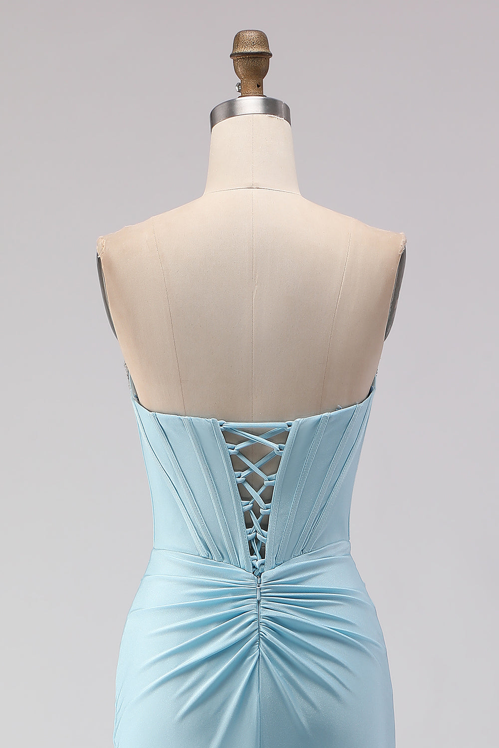 Sky Blue Strapless Beaded Mermaid Corset Long Prom Dress with Slit