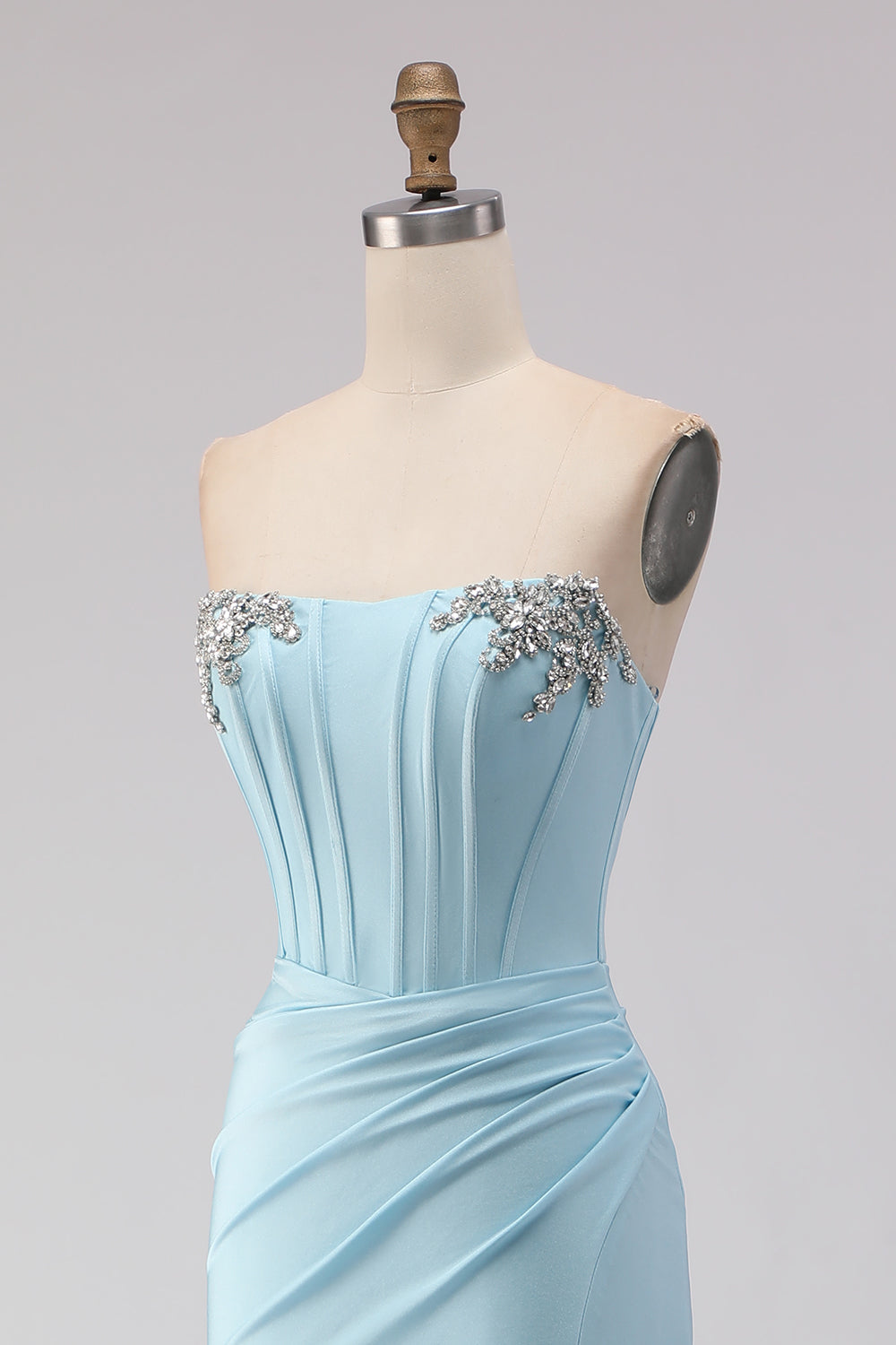 Sky Blue Strapless Beaded Mermaid Corset Long Prom Dress with Slit