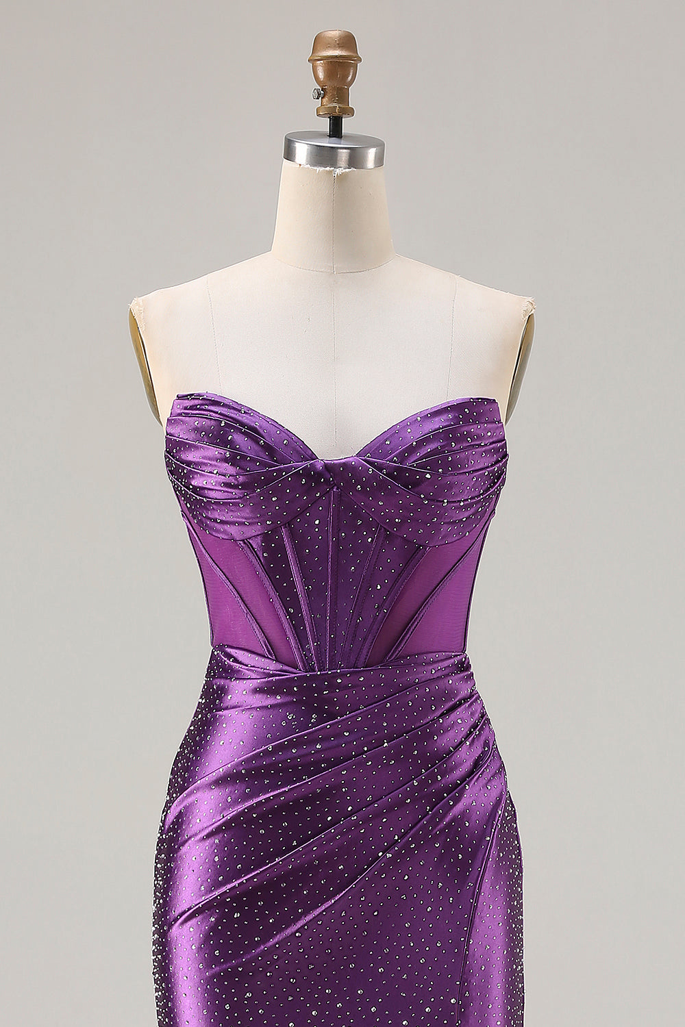 Dark Purple Mermaid Beaded Strapless Corset Long Prom Dress with Slit