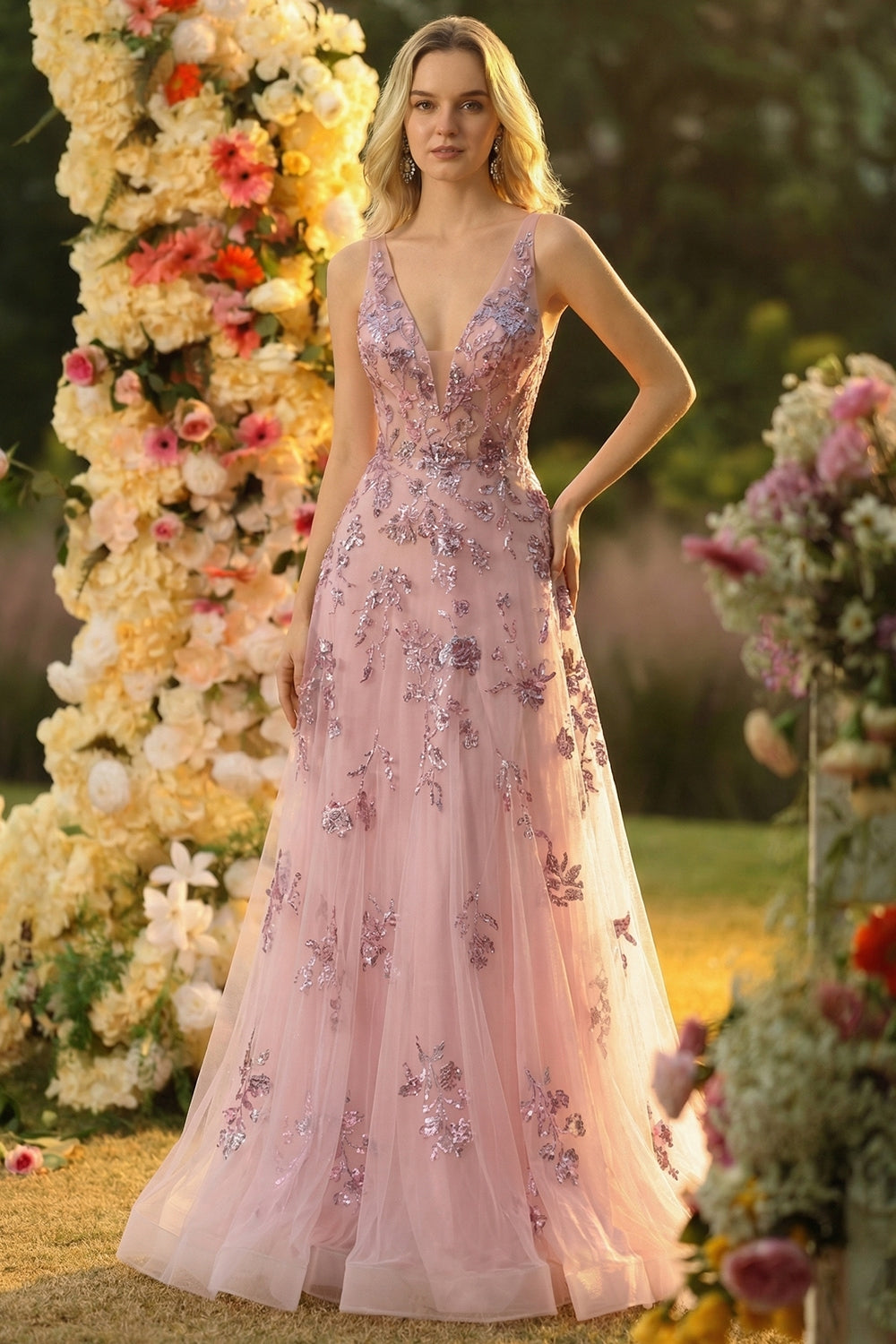 Blush A-Line V-Neck Backless Long Prom Dress with Sequins