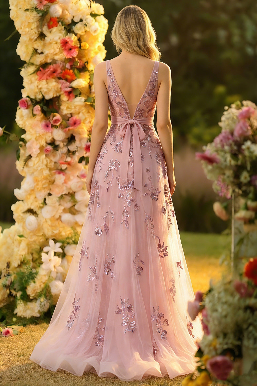 Blush A-Line V-Neck Backless Long Prom Dress with Sequins