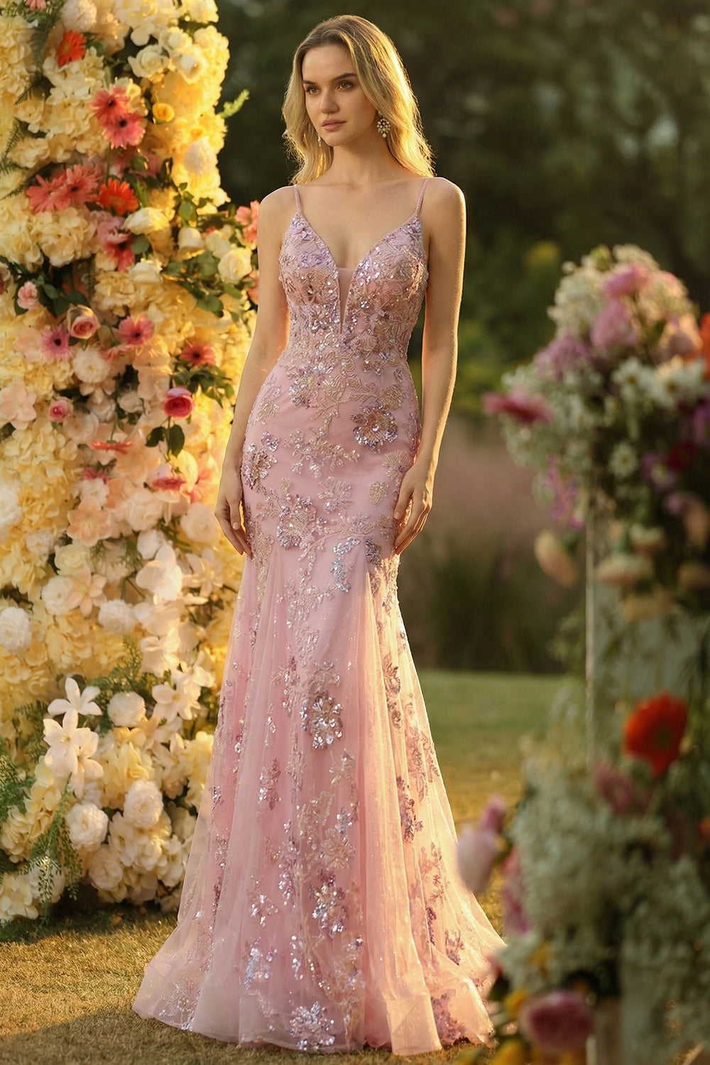 Sparkly Blush Mermaid Spaghetti Straps Long Prom Dress with Sequins