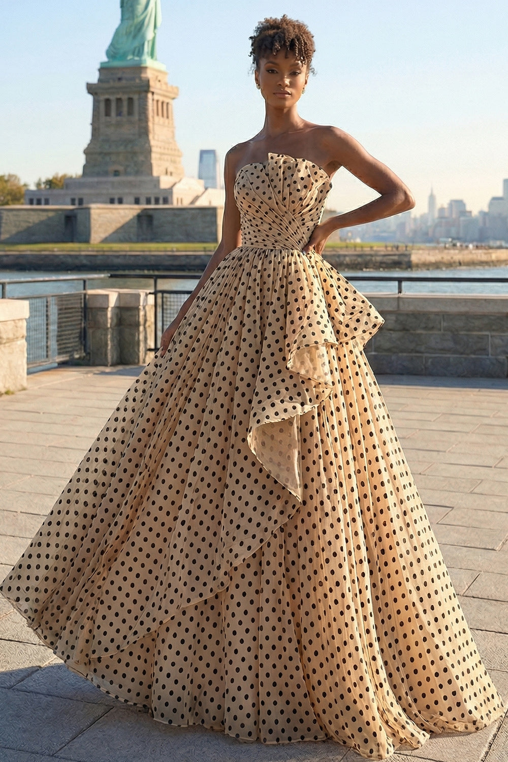Strapless Apricot Black Dot A Line Ruffled Long Prom Dress