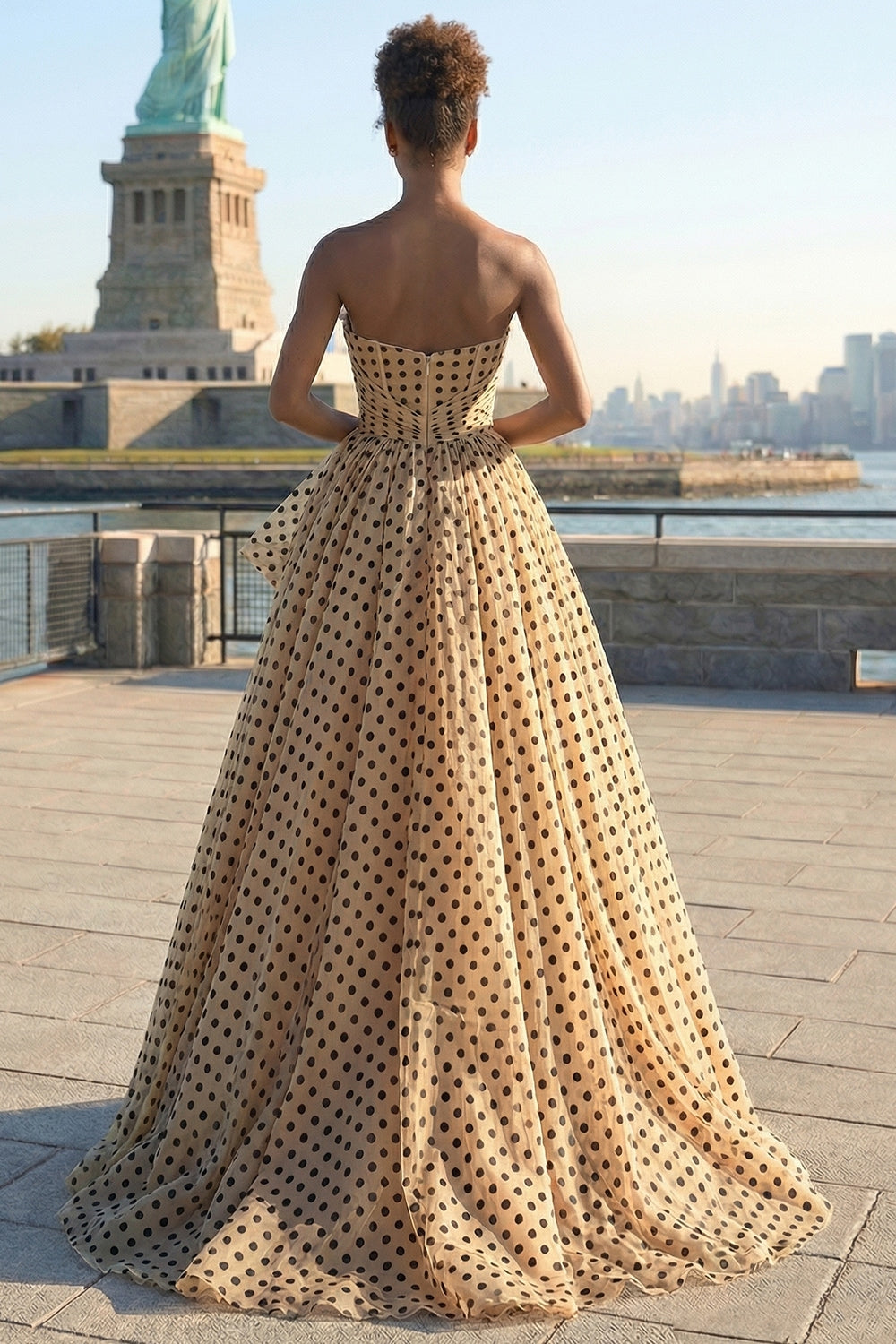 Strapless Apricot Black Dot A Line Ruffled Long Prom Dress